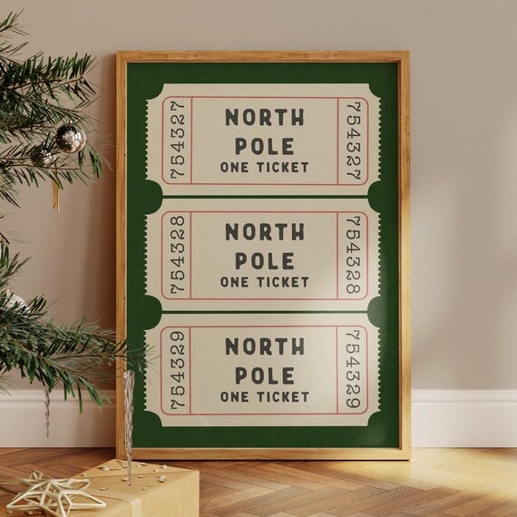 North Pole Ticket Vintage Christmas Travel Poster