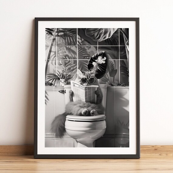 Sunglasses Cat Reading Newspaper Toilet Monochrome Humor Poster