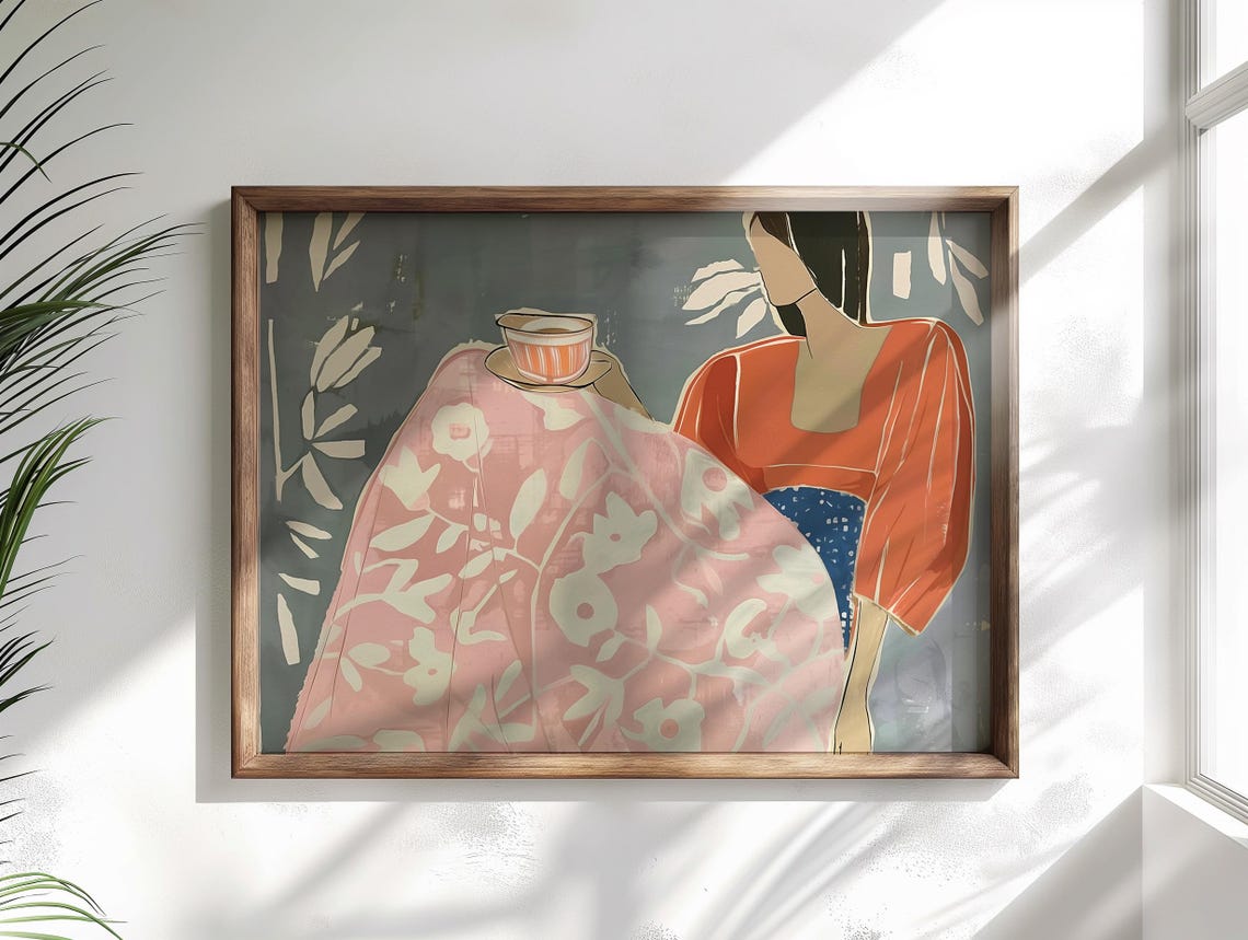 Woman Tea Cup Orange Top Pink Floral Cloth Contemporary Poster - Image 2