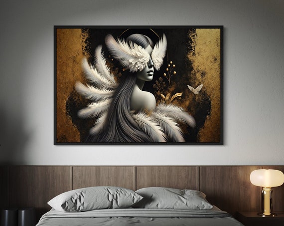 Black And Gold Feathered Woman Canvas Art Abstract Female Portrait With Feathers Modern Angel Wings Wall