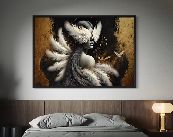 Black and Gold Feathered Woman Portrait Feather Mask Art Poster