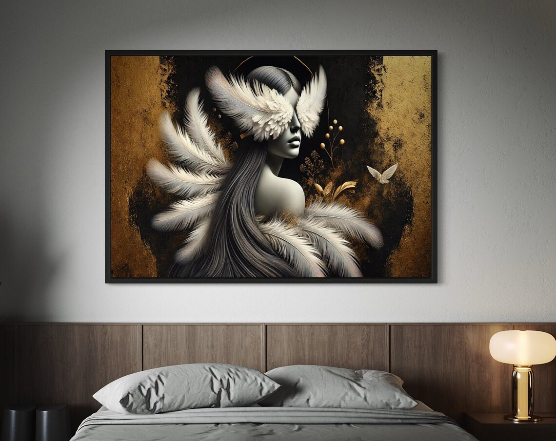 Black and Gold Feathered Woman Portrait Feather Mask Art Poster