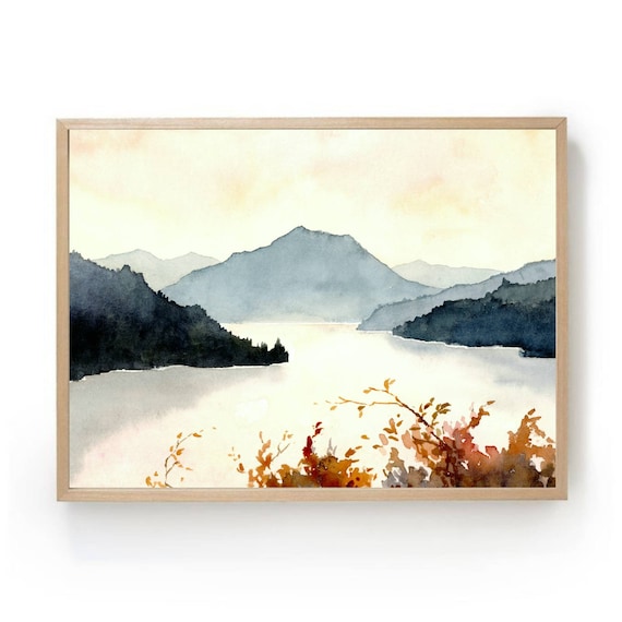 Mountain Lake Sunset Watercolor Landscape Art Print