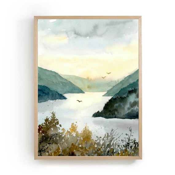 Mountain Lake Watercolor Sunset Sky Art Print