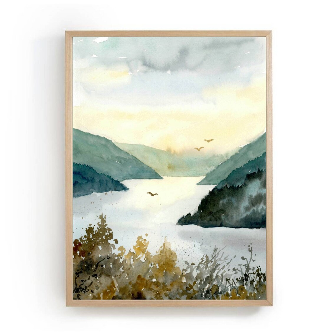 Mountain Lake Watercolor Sunset Sky Art Print
