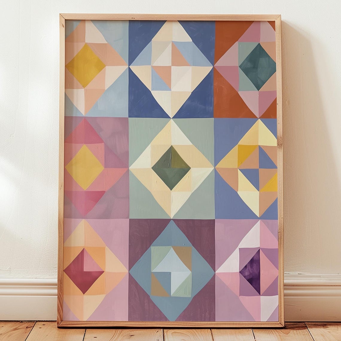 Pastel Geometric Quilt Block Pattern Modern Farmhouse Style Poster