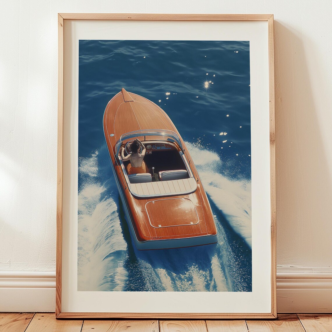 Woman Driving Wooden Speedboat Slim Aarons Style Coastal Vintage Poster