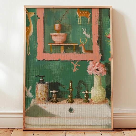 Whimsical Green Bathroom Deer Mirror Pink Floral Painting Poster