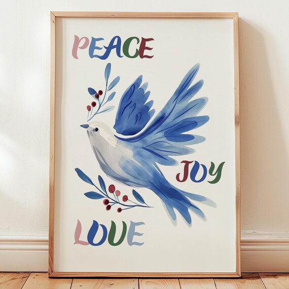 Peace Joy Love Blue Watercolor Dove Holiday Blessing Art Poster