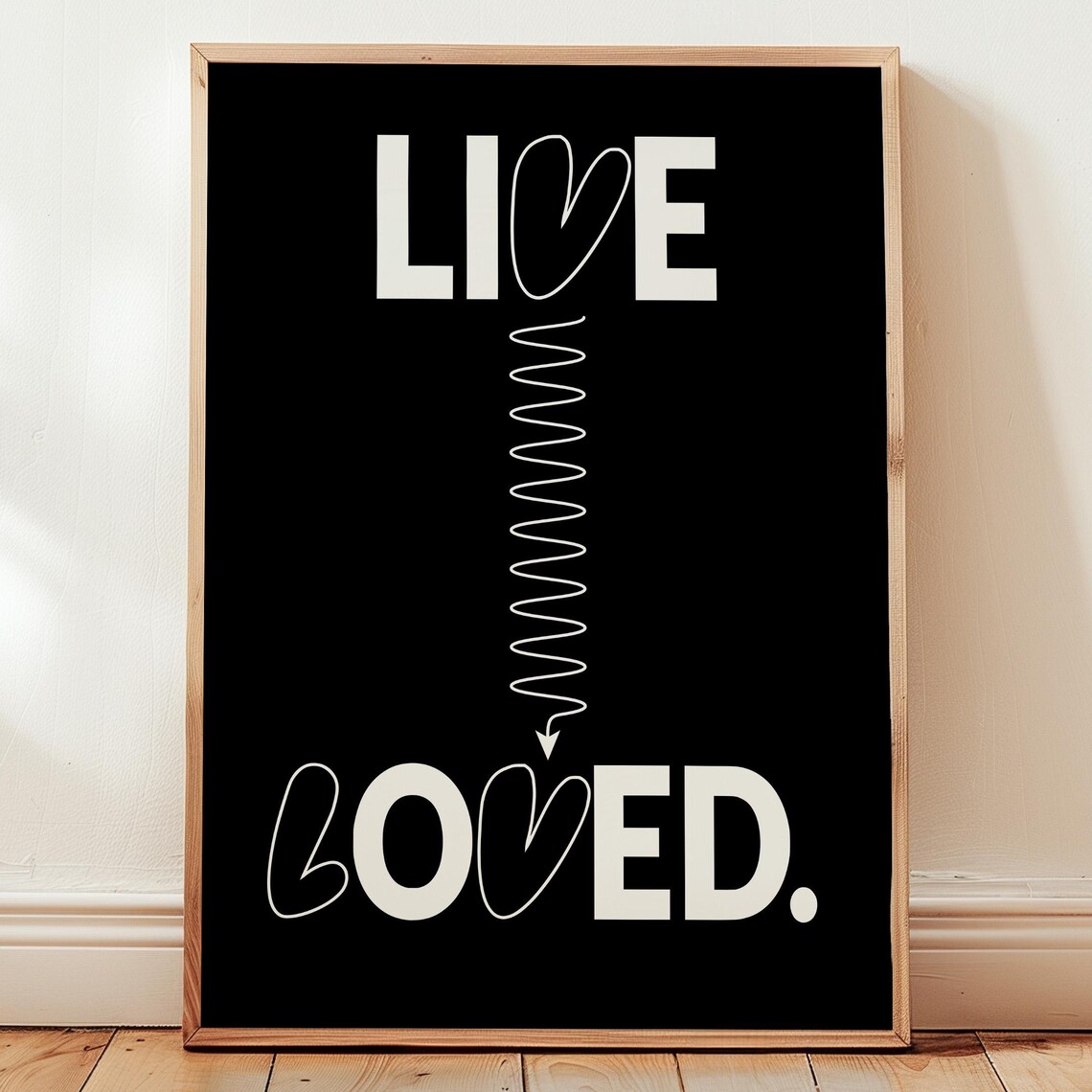 Live Loved Black and White Typography Heart Quote Modern Faith Poster