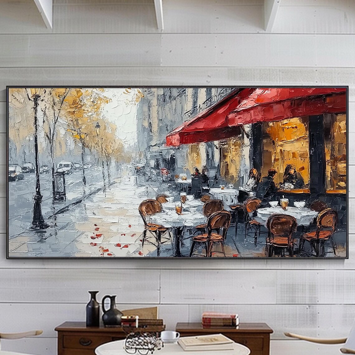 Romantic Café Terrace on Rainy Street 3D Textured Vintage Art Poster - Image 4