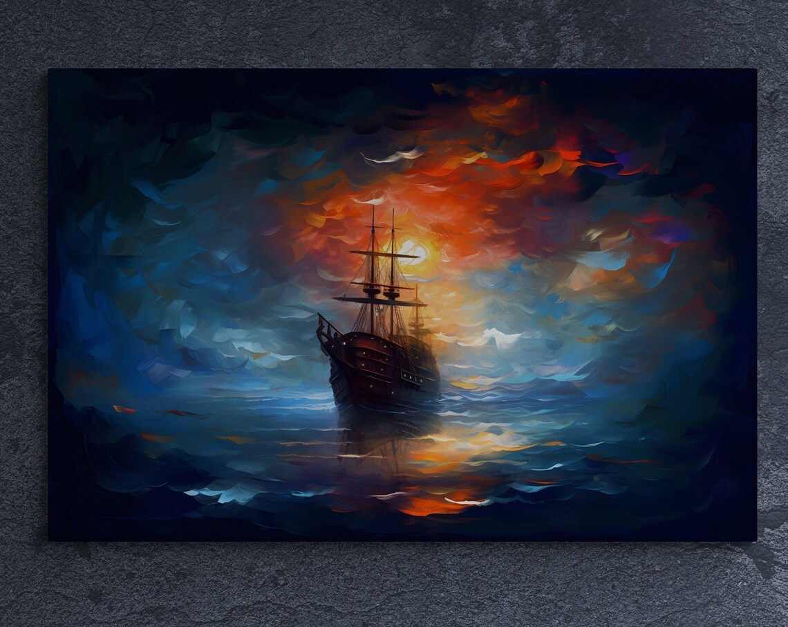 Abstract Ship Silhouette Fiery Sunset Ocean Waves Dramatic Art Poster - Image 3