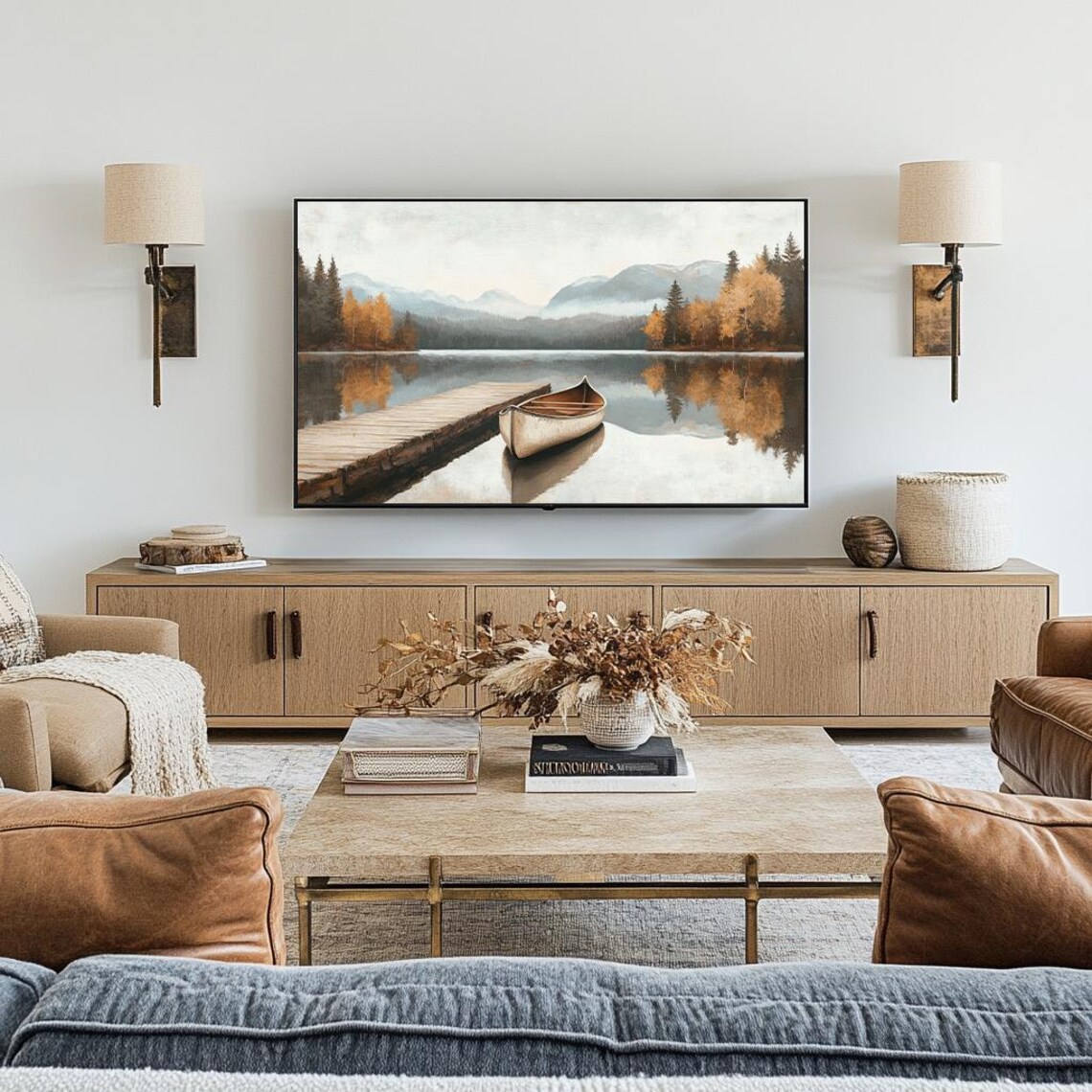 Fall Lake Frame Tv Art Autumn Landscape Painting Canoe Boat Tv Art Fall Country Cottage Decor Vintage Style Thanksgiving Art Tv337 - Image 2