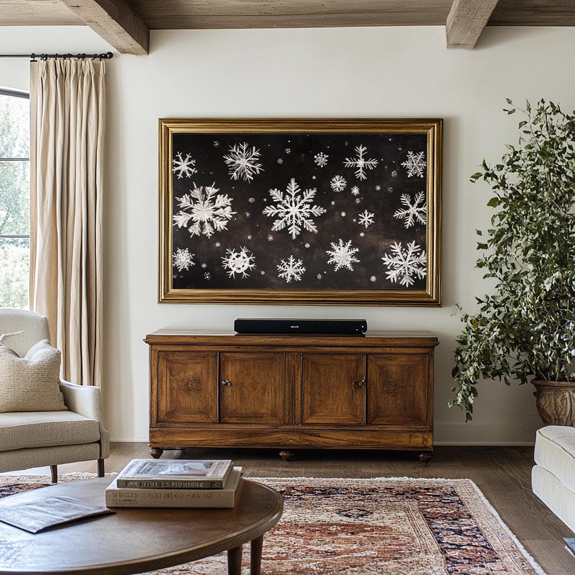 White Snowflakes on Black Chalkboard Style Winter Holiday Wall Print - Image 3