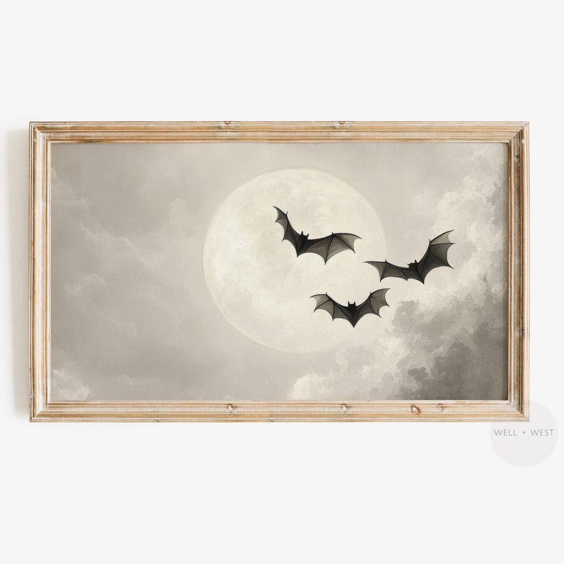 Neutral Halloween Bats Full Moon Light Beige Vintage Spooky Wall Art