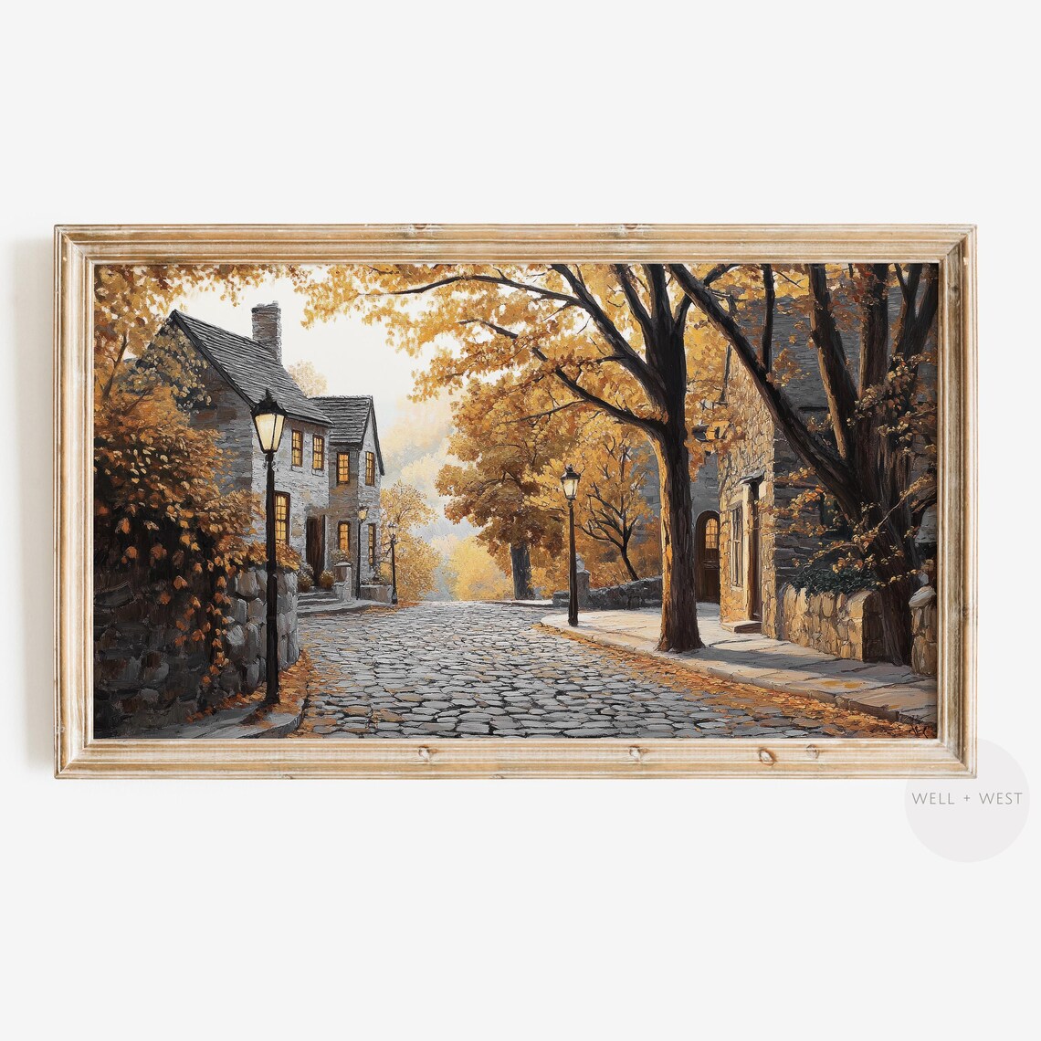 Autumn Fall Village Town Landscape, Vintage Art Print
