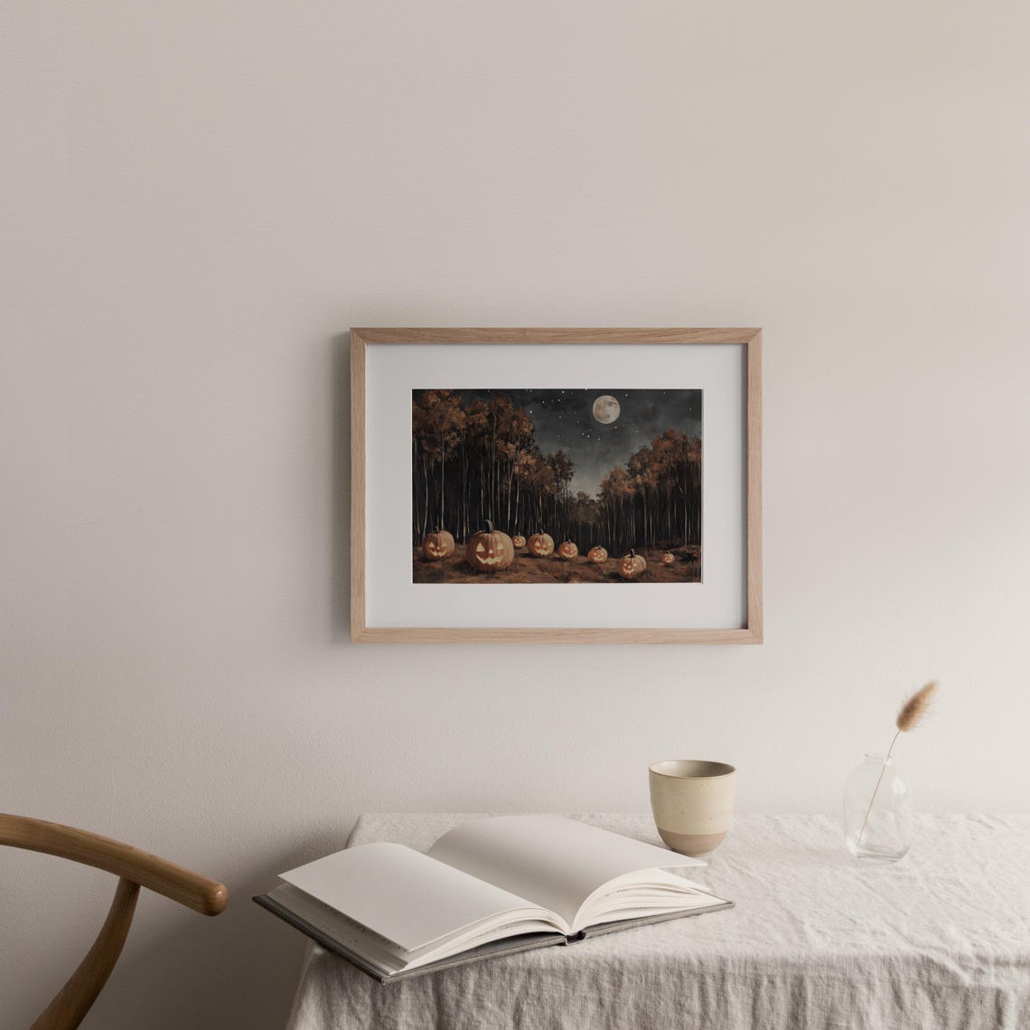 Jack O Lanterns In Dark Forest Full Moon Halloween Art Print - Image 2