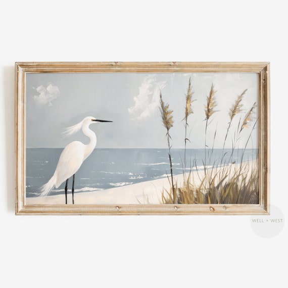 White Heron Vintage Style Art Print, Coastal Decor