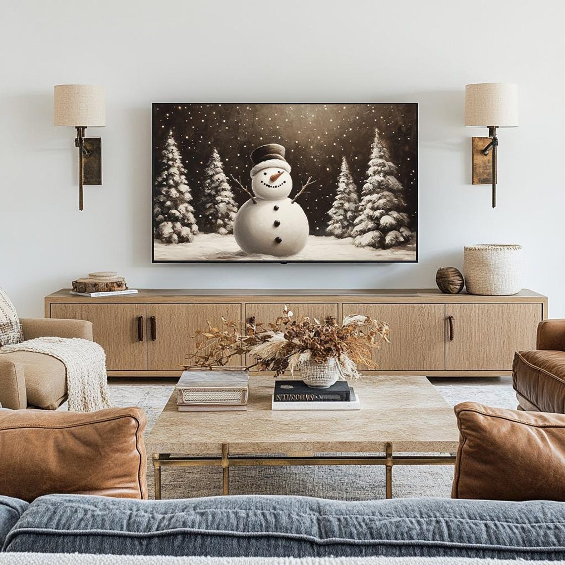 Vintage Snowman Frame Tv Art Snowy Winter Night Landscape Painting Moody Neutral Holiday Tv Art Festive Christmas Decor Tv352 - Image 2