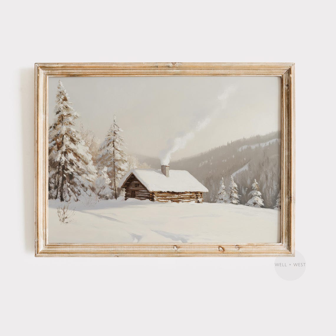 Minimalist Snowy Cabin Log Winter Landscape Neutral Holiday Wall Art