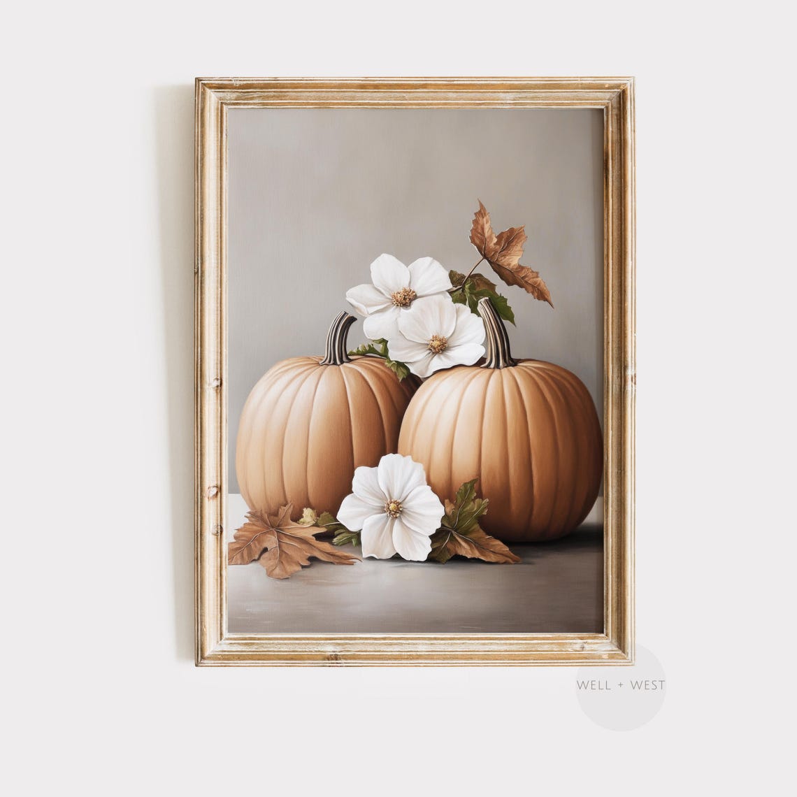 Pumpkins With White Flowers Autumn Still Life Vintage Art Print
