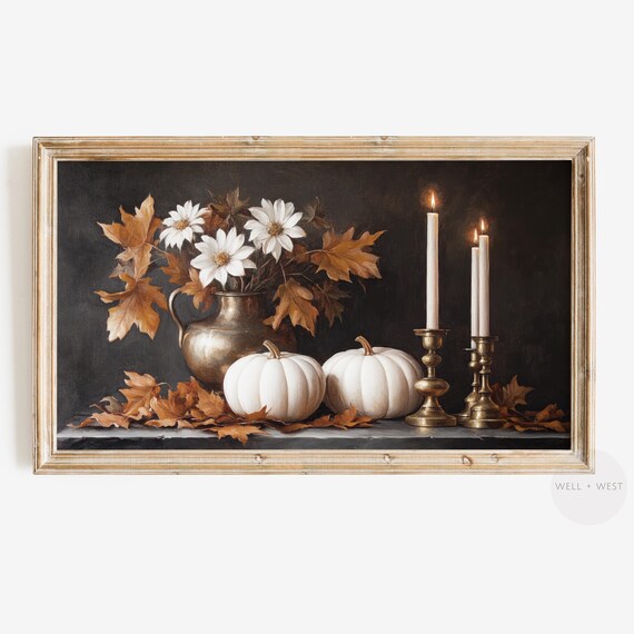 Moody White Pumpkin Still Life Candles Autumn Thanksgiving Poster