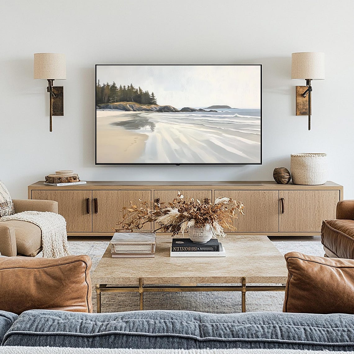 Pale Sandy Beach With Rocky Point Muted Coastal Seascape Wall Print - Image 3