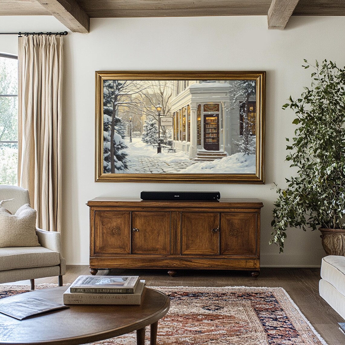 Winter Bookstore Art Print, Cozy Vintage Bookish Decor - Image 3