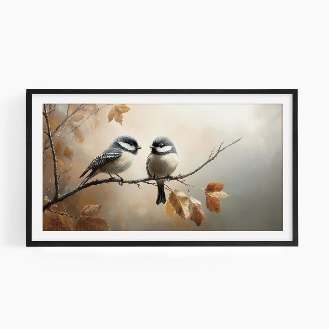 Two Chickadees On Branch Autumn Leaves Misty Neutral Art Print - Image 2