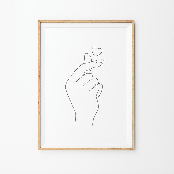 Korean Finger Heart Art Print Line Art Poster Line Art Minimal Finger Heart Art Poster Black White Art Line Prints Sketch