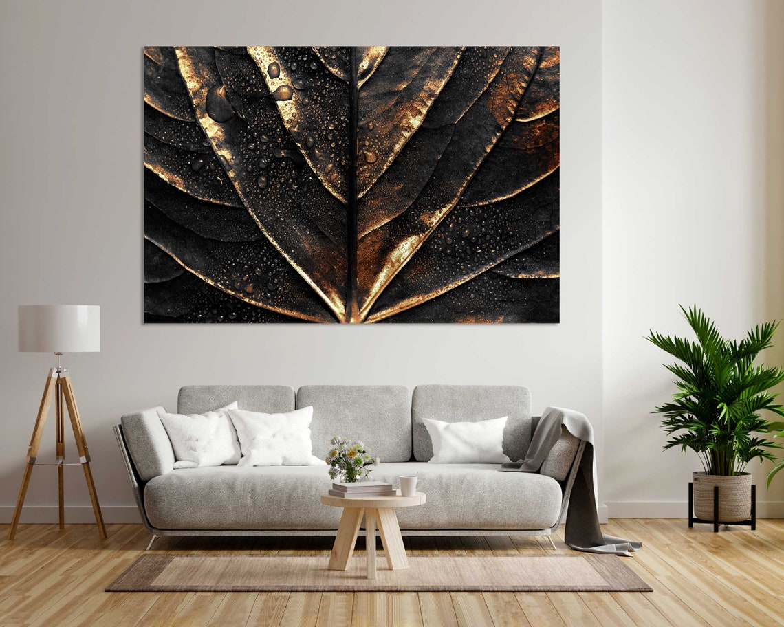 Golden Leaf With Water Droplets Dark Background Botanical Wall Poster