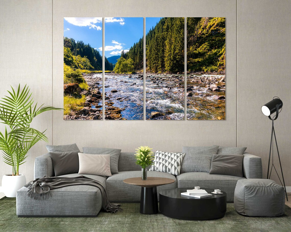 Sunny Landscape For Wall Mountains River Painting On Green Forest Picture Art For Wall Mountain Landscape Printing - Image 8