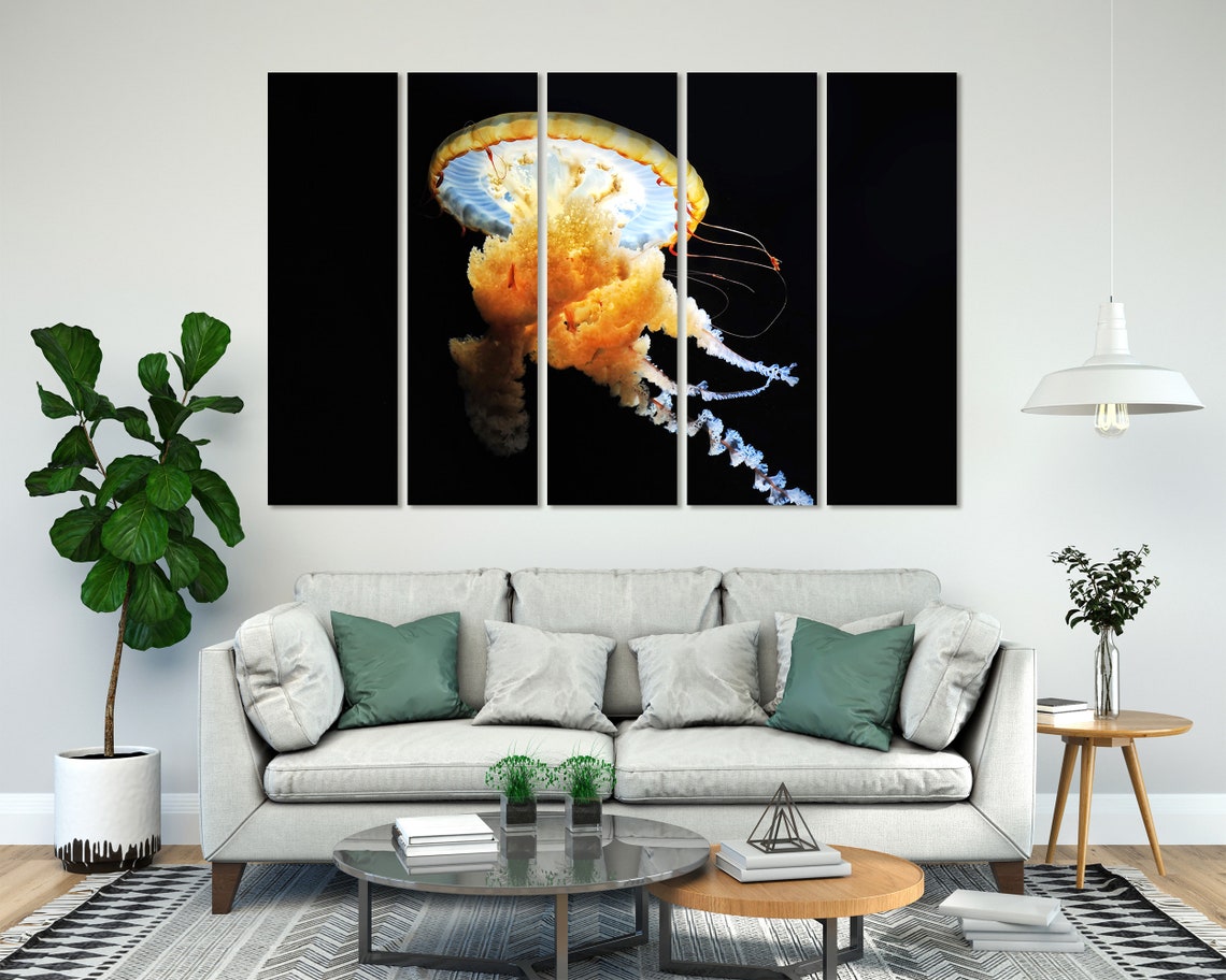 Glowing Golden Jellyfish Black Background Dramatic Ocean Poster - Image 7