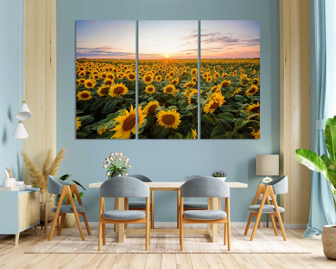 Sunflower Field at Sunset Golden Blooms Horizon 3 Panel Wall Art - Image 3