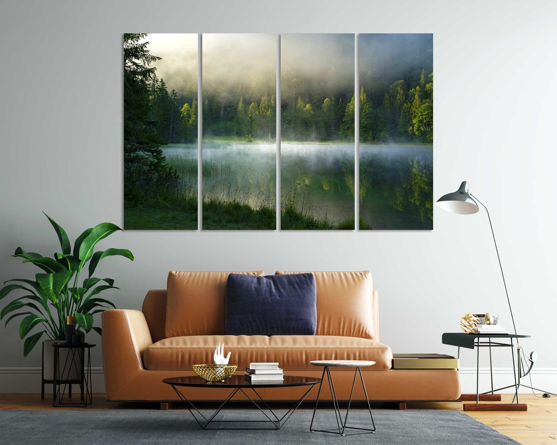 Foggy Morning In Forest With Lake Print Art Foggy Lake Pictures Art Decor Green Forest Design Art For Wall Morning Landscape Art - Image 6