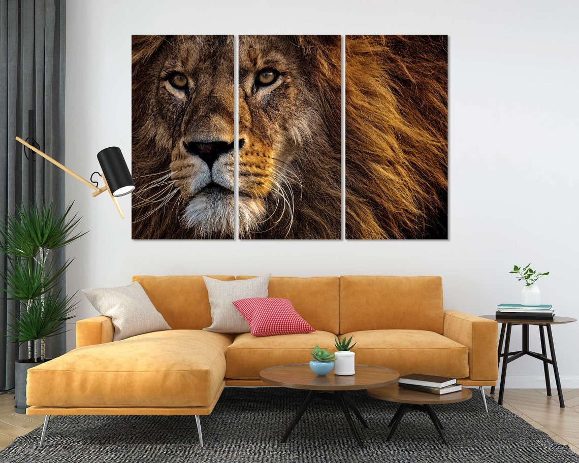 Powerful Lion Face Close Up Golden Mane Wild 3 Panel Wall Art - Image 5