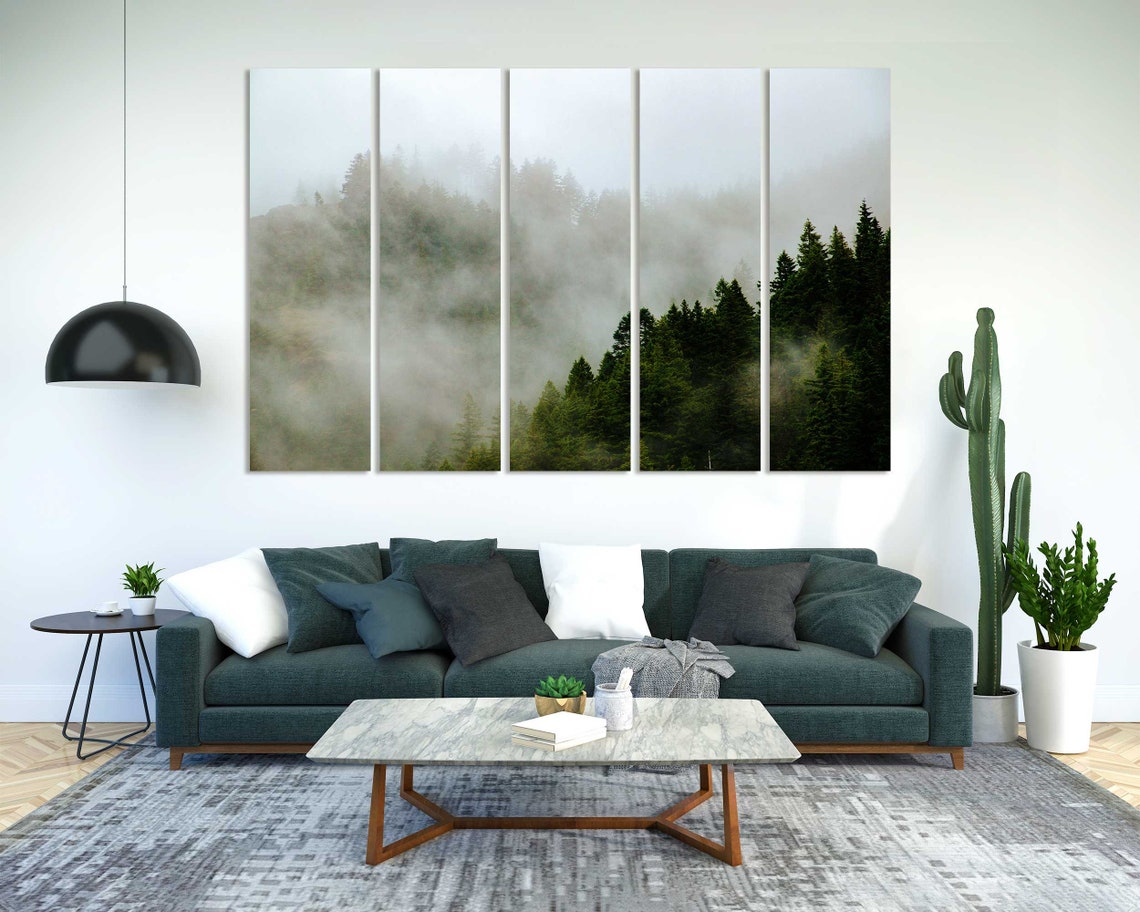 Misty Evergreen Forest In Fog Triptych Moody Pine Trees Wall Poster - Image 2