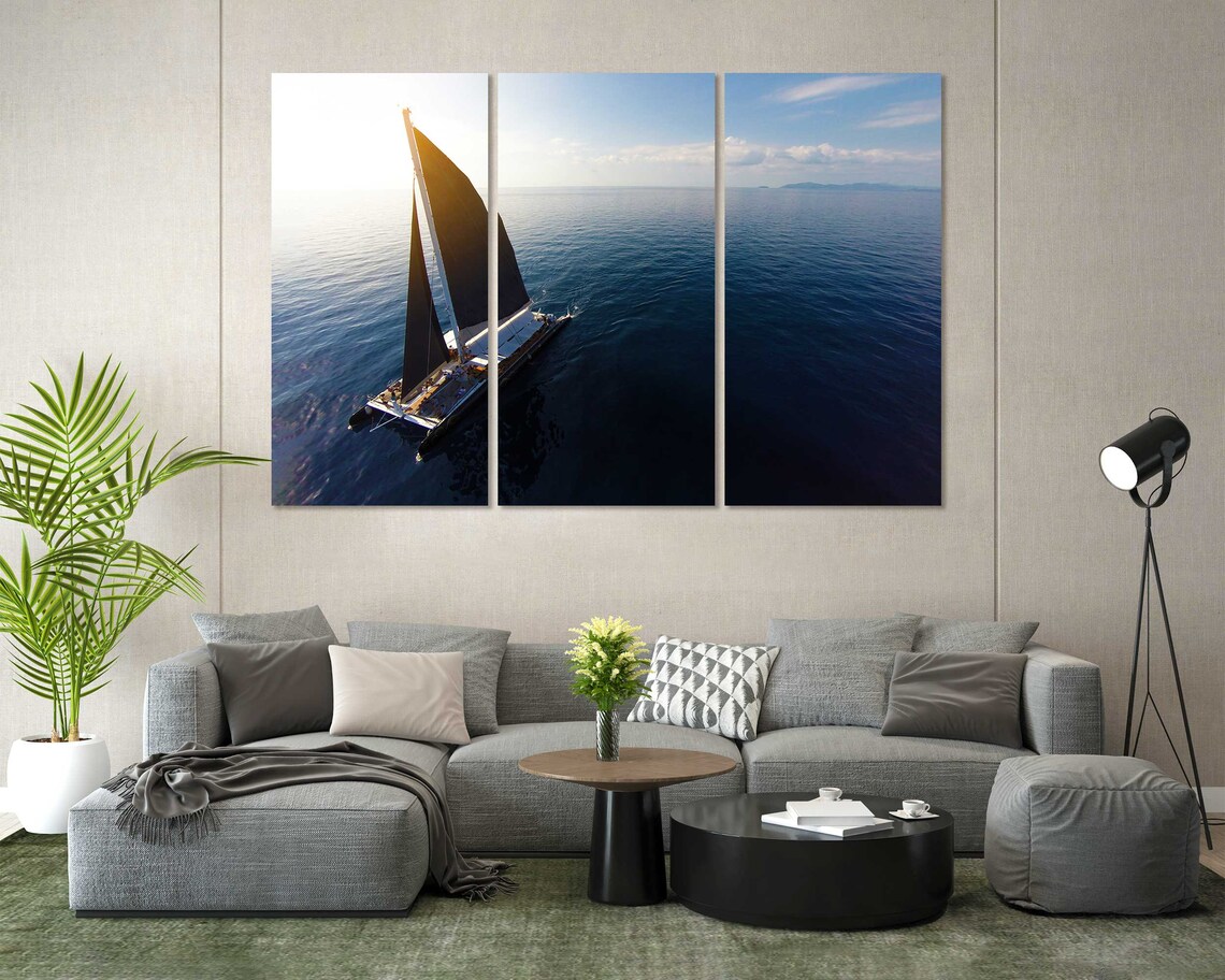 Sailboat With Black Sails Aerial View Calm Blue Ocean Sunset Poster - Image 8