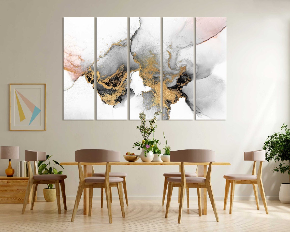 White Gray Gold Marble Abstract Watercolor Three Panel Modern Wall Art - Image 6