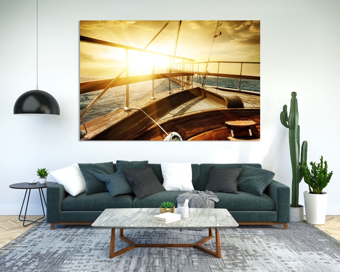 Wooden Sailboat Bow At Golden Sunset Over Open Sea Photo Poster - Image 2
