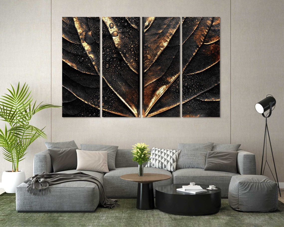 Golden Leaf With Water Droplets Dark Background Botanical Wall Poster - Image 6