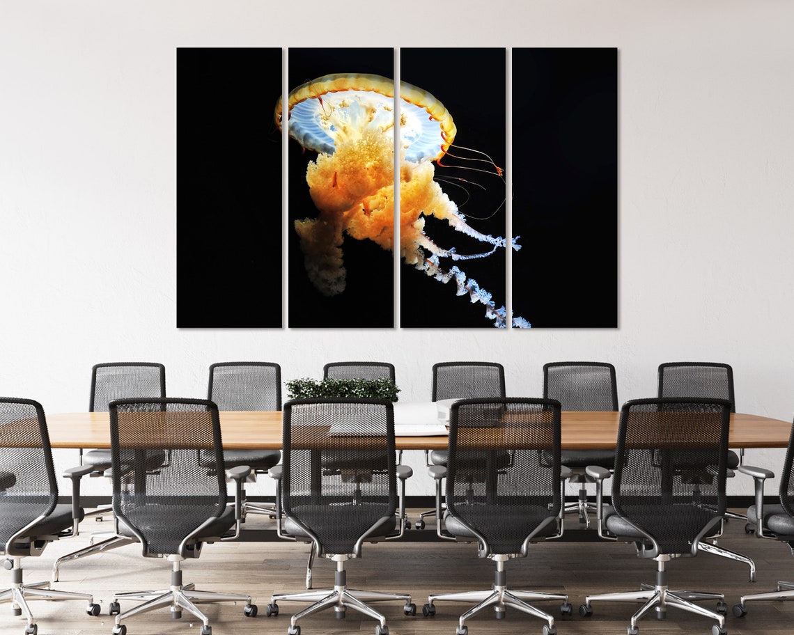 Glowing Golden Jellyfish Black Background Dramatic Ocean Poster - Image 4