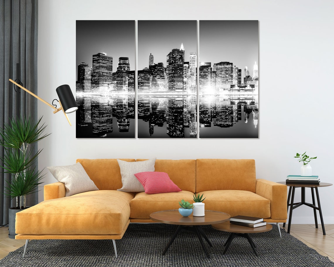 New York City Night Skyline Black White Mirrored Reflection Poster - Image 4