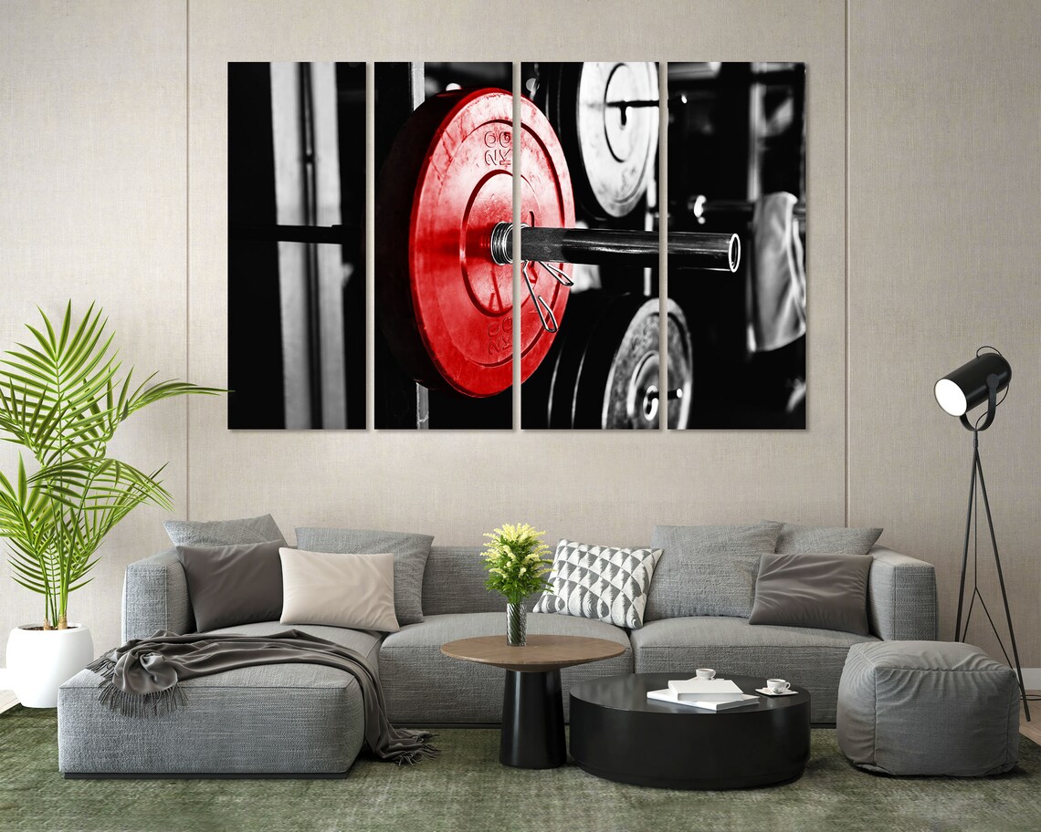 Barbell Red Weight Plate Gym Fitness Strength Training Black White Poster - Image 8