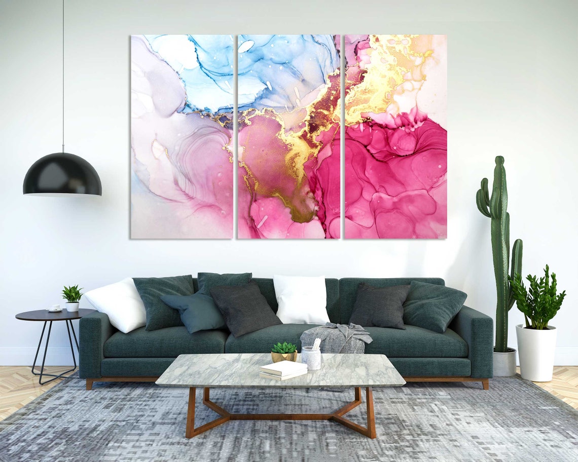 Elegant Pink Blue Gold Abstract Ink Swirls Modern Fluid Art Poster - Image 2