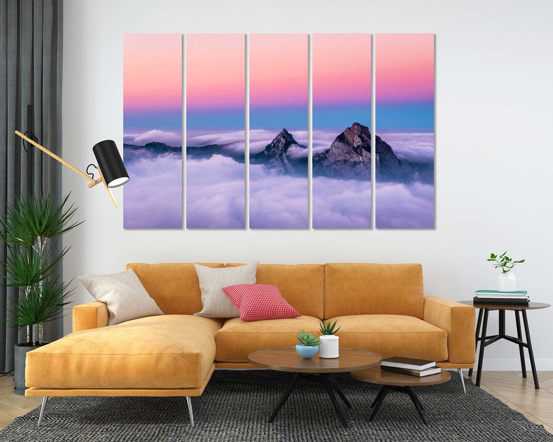 Mountain Peaks Rising Above Clouds at Pink Sunset Sky Landscape Poster - Image 5