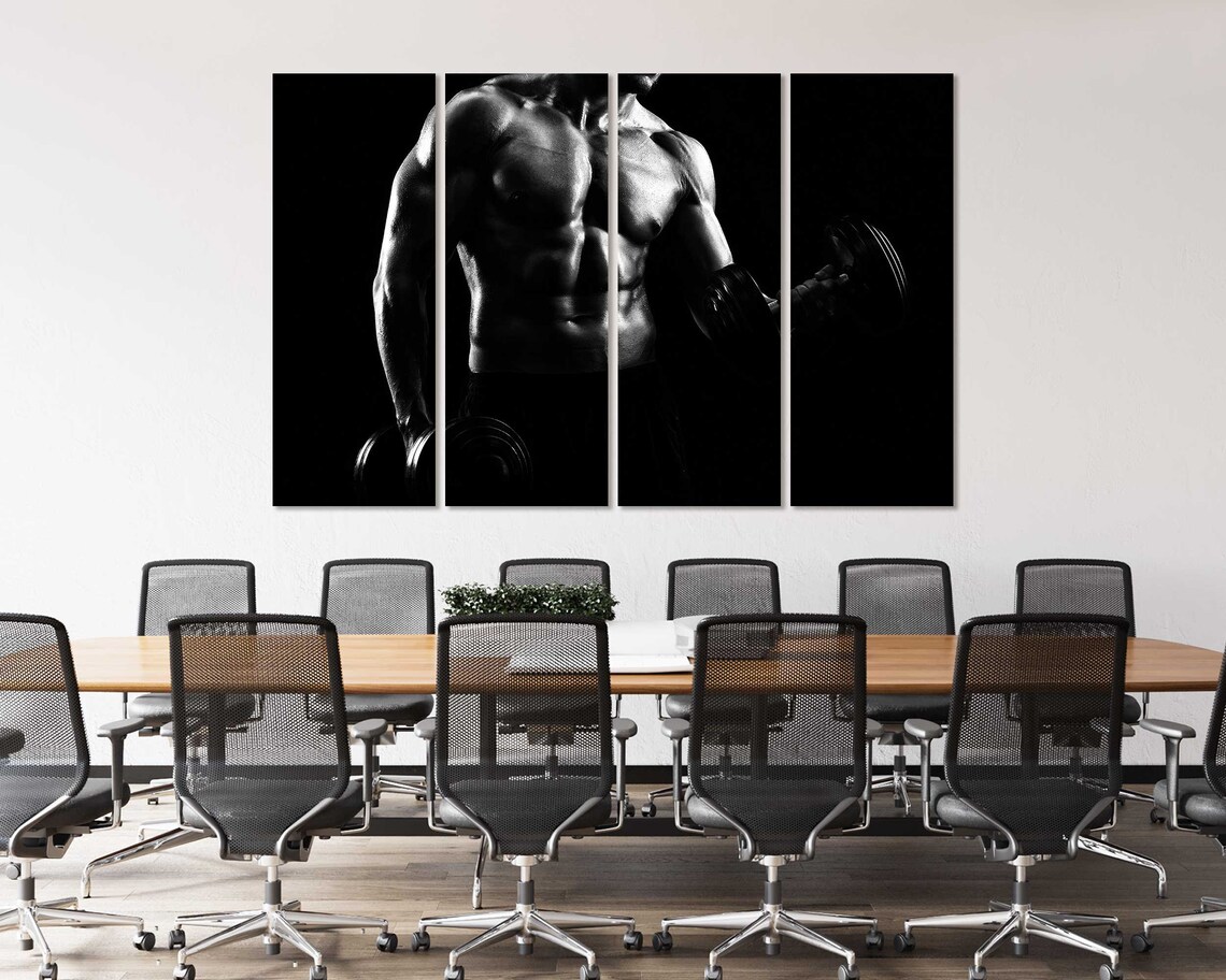 Black And White Bodybuilder Muscles Dumbbells Gym Strength Art Poster - Image 4