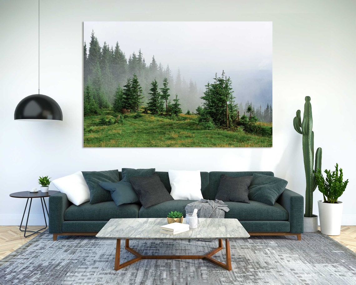 Foggy Pine Forest Misty Mountain Green Hillside Serene View Poster - Image 2