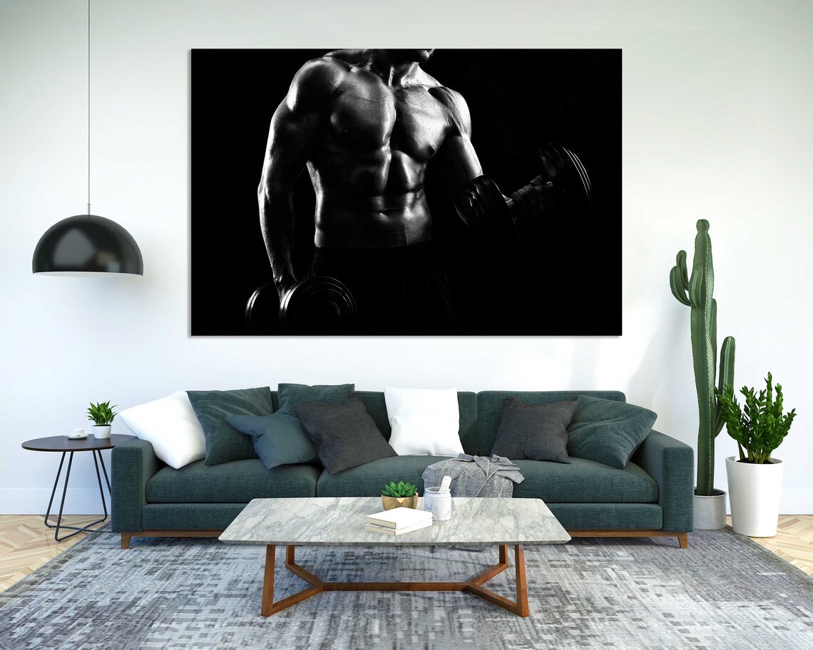 Black And White Bodybuilder Muscles Dumbbells Gym Strength Art Poster - Image 2