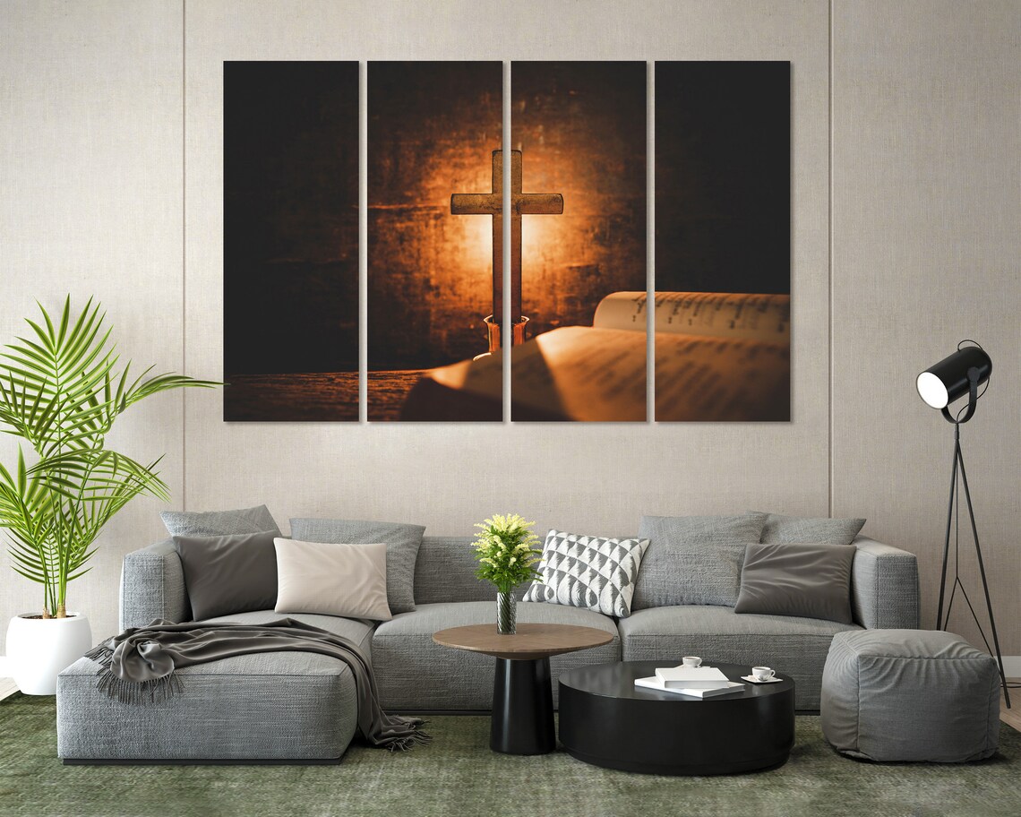Wooden Cross Standing On Open Bible Warm Candlelight Glow Spiritual Poster - Image 8